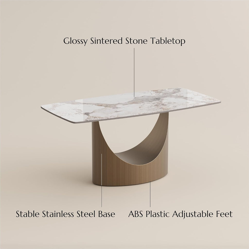 POVISON 63' Hobart Dining Table for 4, Rectangular Dining Table, Glossy Pandora Sintered Stone Tabletop with Bronze Carbon Steel Base for Dining Room (Table Only)