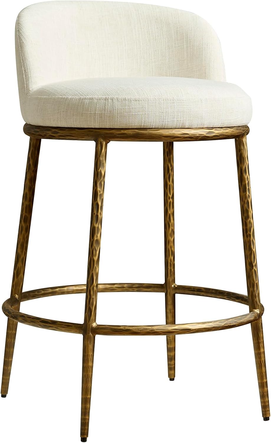 Morden Fort Modern Counter Height Bar Stools Set of 2, 26' Hand-Hammered Gold Bar Stools with Backs, Linen Upholstered Designer Island Chairs for Kitchen Counter, Antique Gold