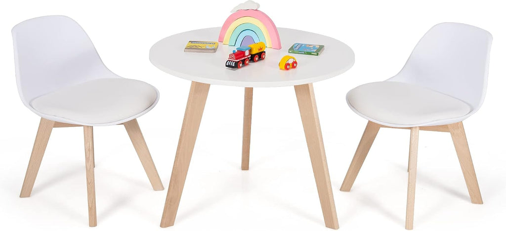 Costzon Kids Table and Chair Set, 3 PCS Wood Activity Play Table w/Padded Seat & Wood Legs for Arts, Crafts, Reading, Preschool, Kindergarten, Playroom, Mid Century Modern Toddler Table and Chairs