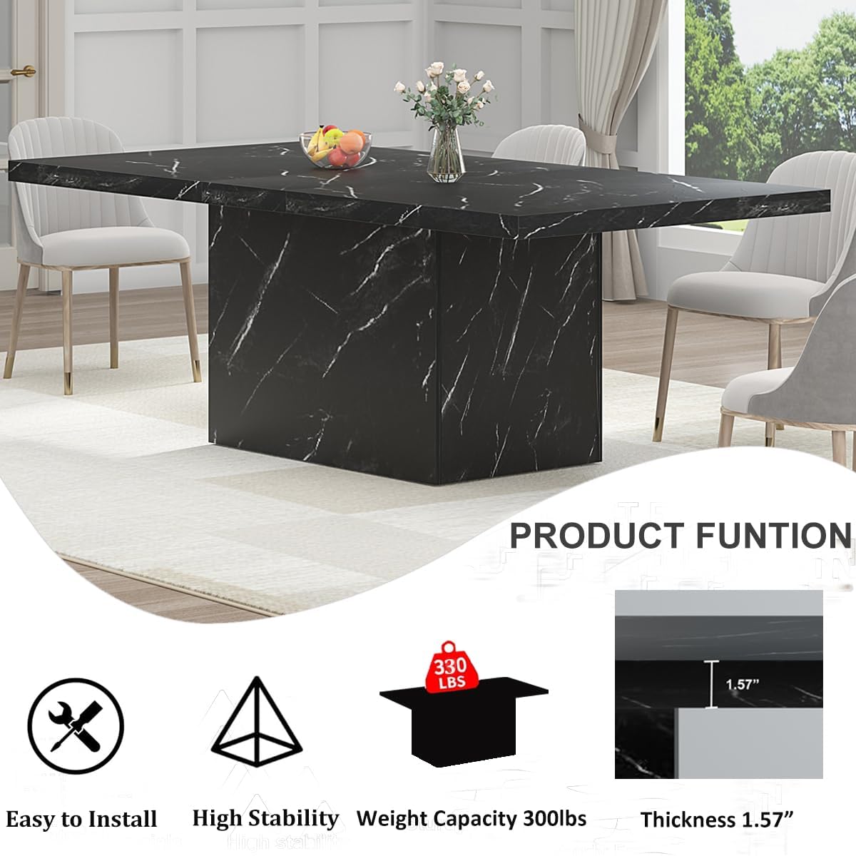 HSH 71' Black Dining Table for 6-8, Rectangle Modern Faux Marble Dinner Table, Large Dining Room Table for Kitchen Living Room, Industrial Wood Kitchen Table only with Sturdy Base, Black, 71 Inch