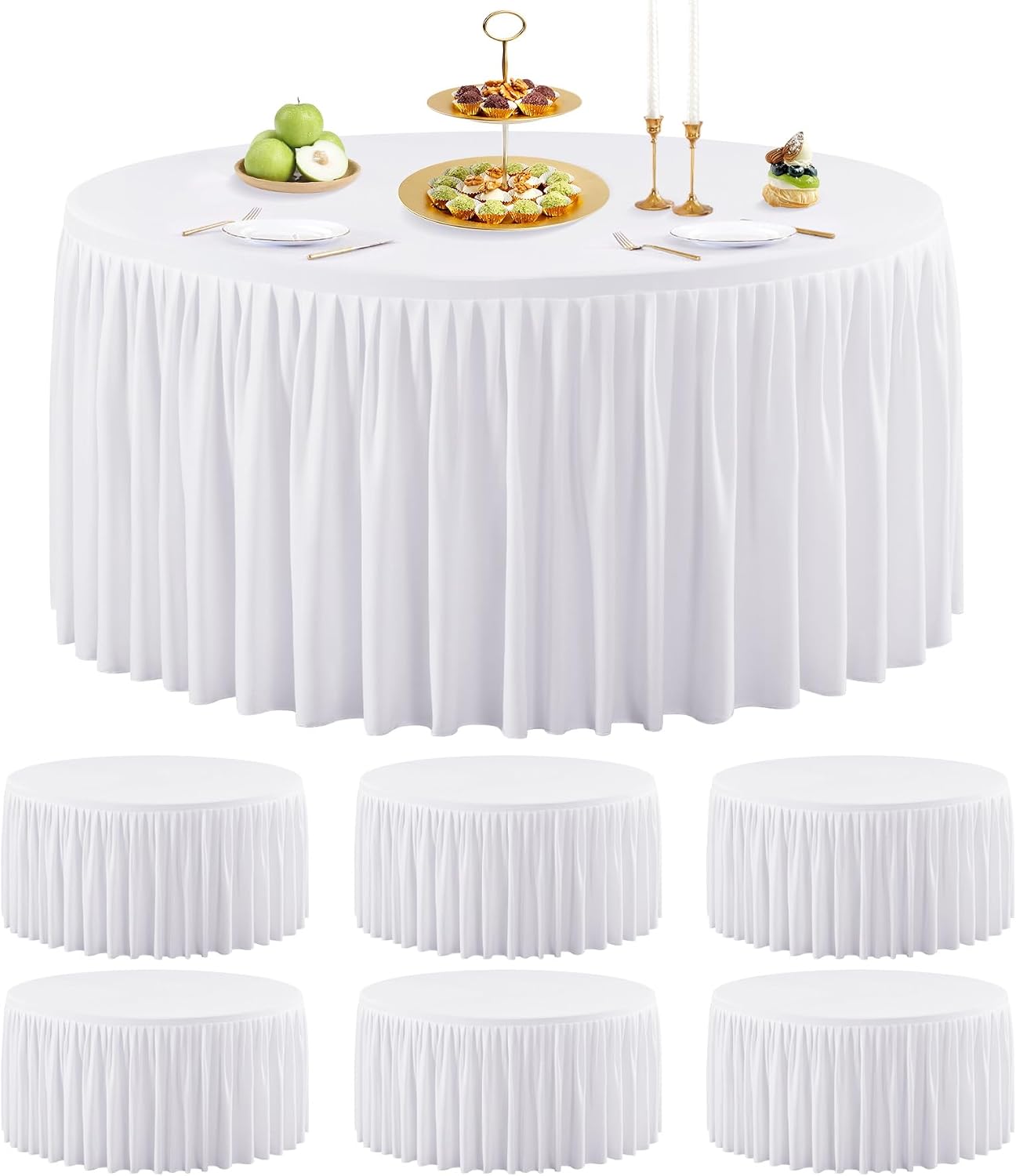 Wish Care 6 Packs 5FT Round Tablecloth 60 Inch, White Stretchy Fitted Table Cloths, Wrinkle Resistant Polyester Table Cover with Pleated Ruffle Skirt for Party, Wedding and Banquet Decoration