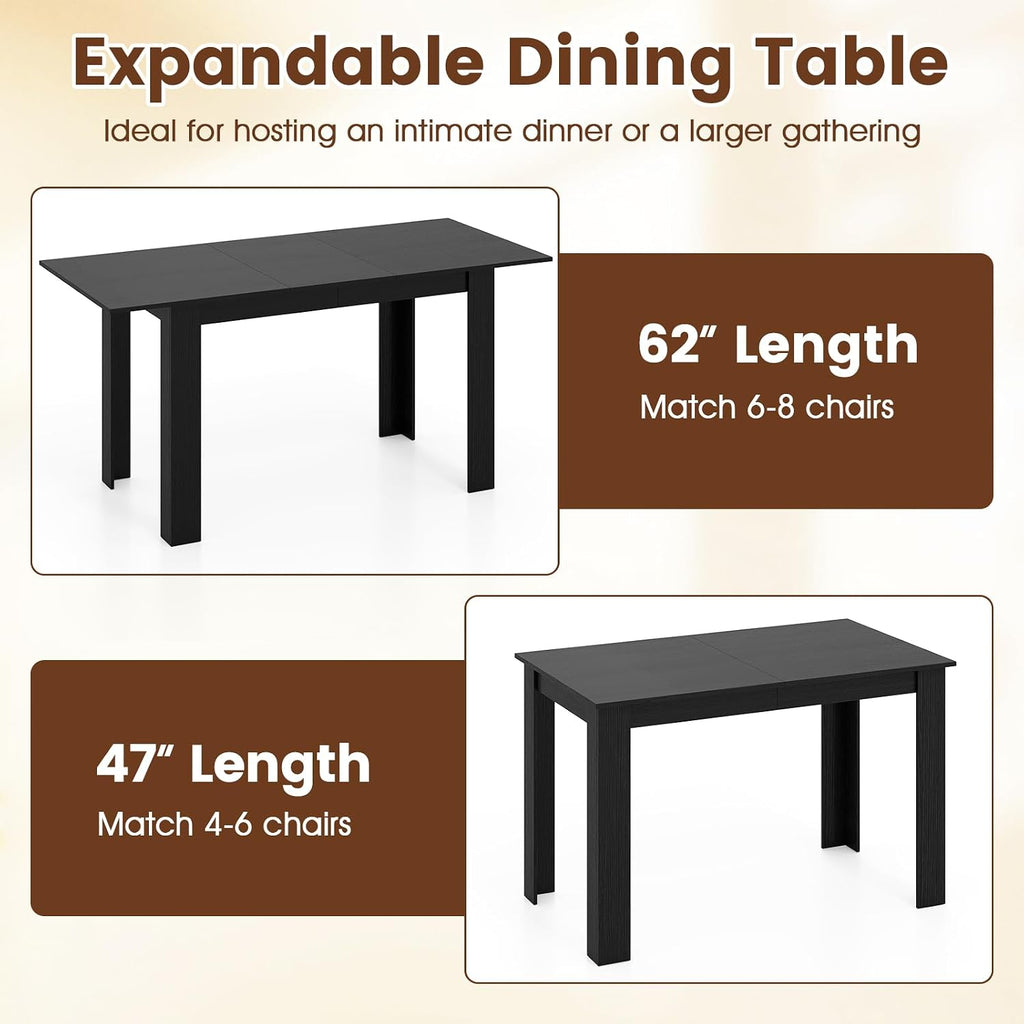 GOFLAME 47'-62' Extendable Dining Table for 4-6 People, Large Rectangular Kitchen Table with L-Shaped Legs, Space Saving Dining Room Table for Kitchen, Living Room, Office, Small Space, Black
