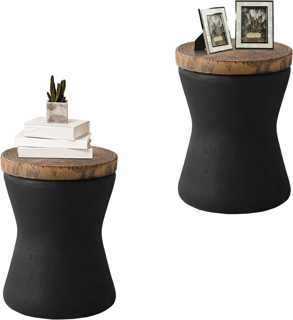HOMPUS Outdoor Concrete Side Table Sets of 2, 2 Pieces Black Round Patio End Table, Small Outdoor Accent Table, Hourglass Shaped Garden Stool for Patio, Outside, Black