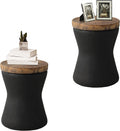 HOMPUS Outdoor Concrete Side Table Sets of 2, 2 Pieces Black Round Patio End Table, Small Outdoor Accent Table, Hourglass Shaped Garden Stool for Patio, Outside, Black