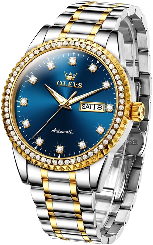 OLEVS Watches for Men Analog Quartz Luxury Diamond Waterproof Chronograph Stainless Steel Big Face Square Date Moon Phase Roman Numeral Dress Mens Watches