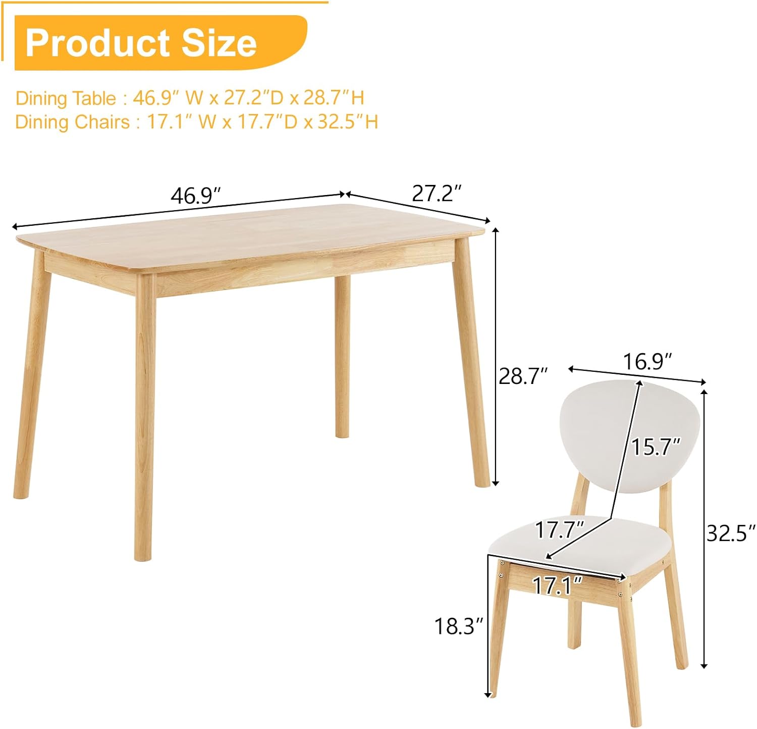 Karl home Mid-Century Modern 5-Piece Wood Dining Table Set for 4, Compact Mid-Century Modern Kitchen Table and Chairs for Kitchen/Small Apartment/Dining Room, Padded Seats & Backrests (Nature)