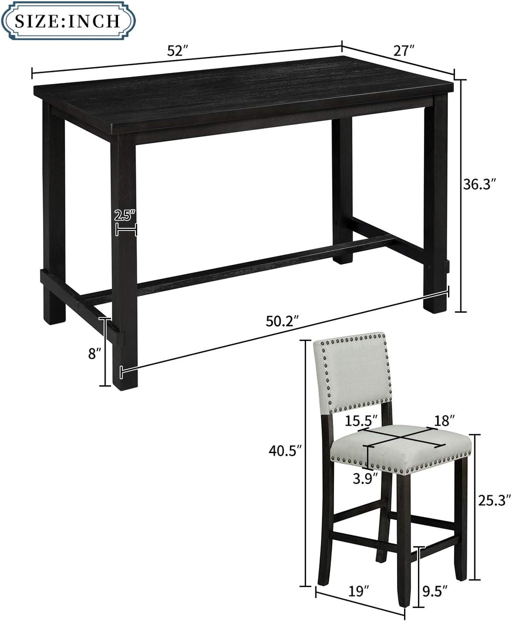 P PURLOVE 5 Piece Kitchen Table Set Counter Height Dining Table Set with Rectangle Table and 4 Cushioned Chairs for Small Place,Pub Kitchen