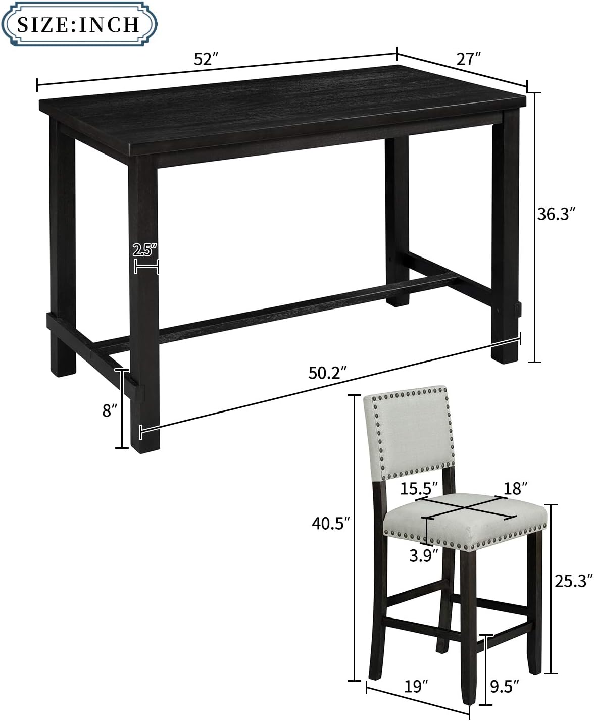 P PURLOVE 5 Piece Kitchen Table Set Counter Height Dining Table Set with Rectangle Table and 4 Cushioned Chairs for Small Place,Pub Kitchen