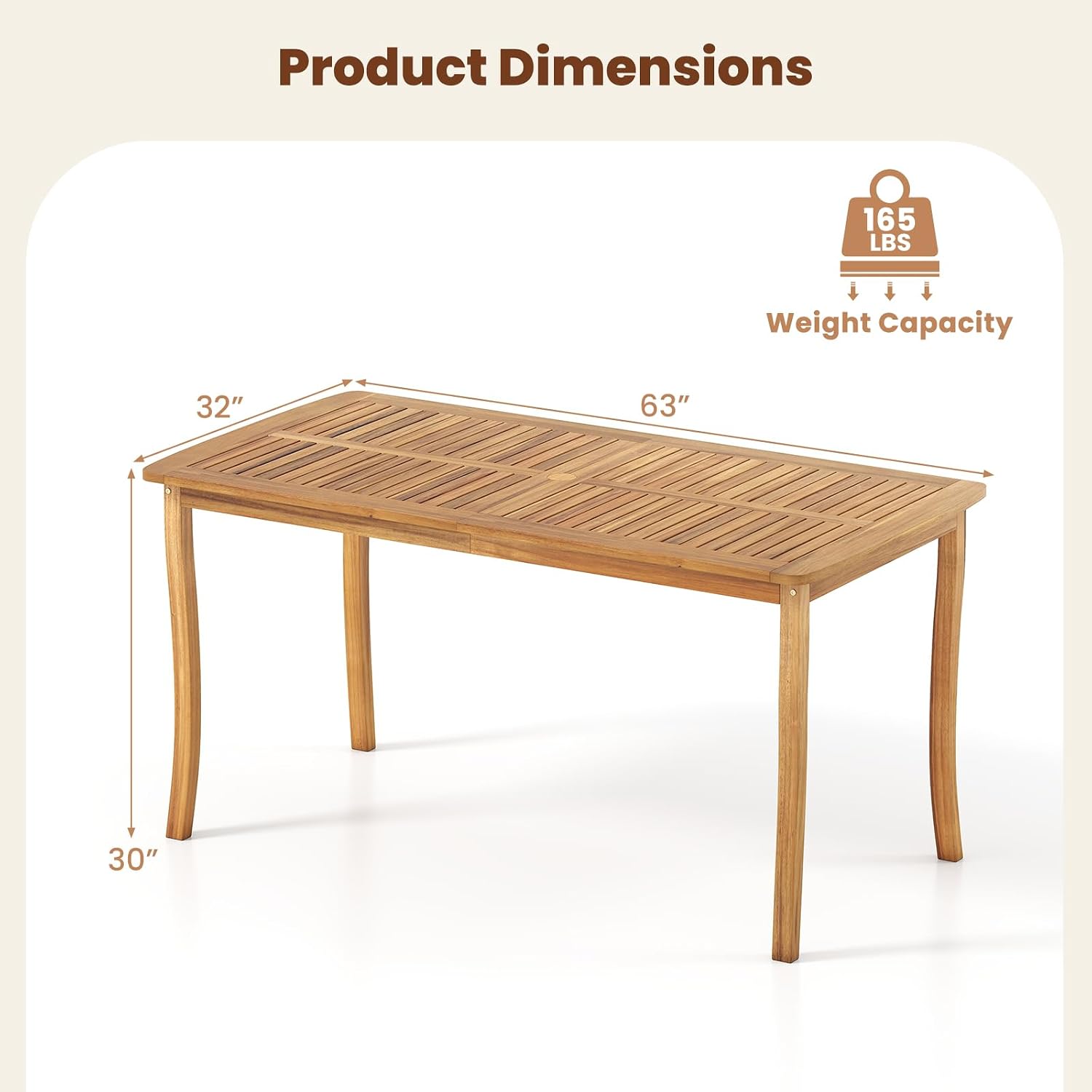 HAPPYGRILL Outdoor Acacia Wood Dining Table for 4-6 People, Patio Furniture Table with Umbrella Hole & Cover, 63' Slatted Tabletop, for Backyard, Patio, Deck, Porch
