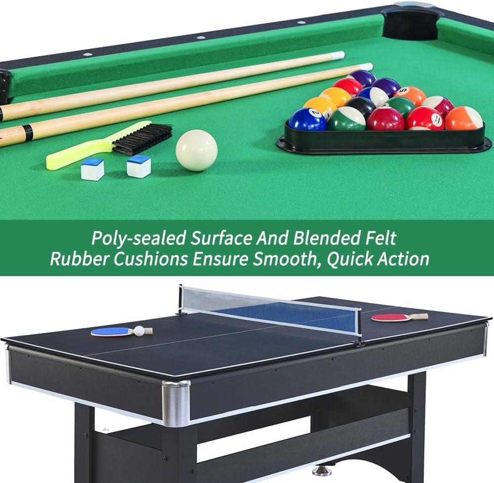 2 in 1 Pool and Table Tennis Multi Game Table, 6-Foot Modern Billiards Table with Conversion Top of Table Tennis Includes Cues, Paddles and Balls