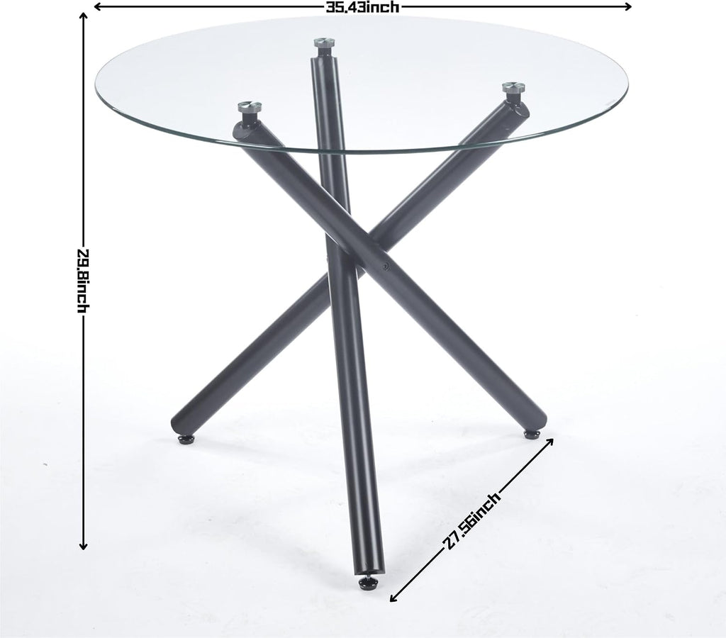 36' Round Dining Table for 4, Modern Clear Glass Kitchen Table for 4 with Black Cross Metal Legs, Contemporary Small Circle Dining Room Leisure Tables for Kitchen Apartment