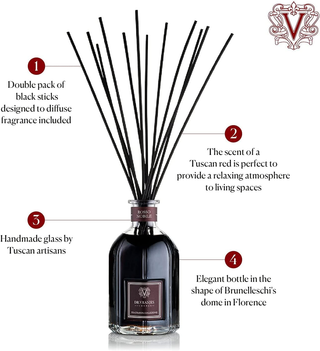 Dr. Vranjes - Rosso Nobile 1250 ml Diffuser + Double Pack of Black Sticks (3 Pieces Bundle) - Luxury Home Fragrance, Made in Italy, Main Scent Fruity: Orange, Strawberry and Red Berries, Birch