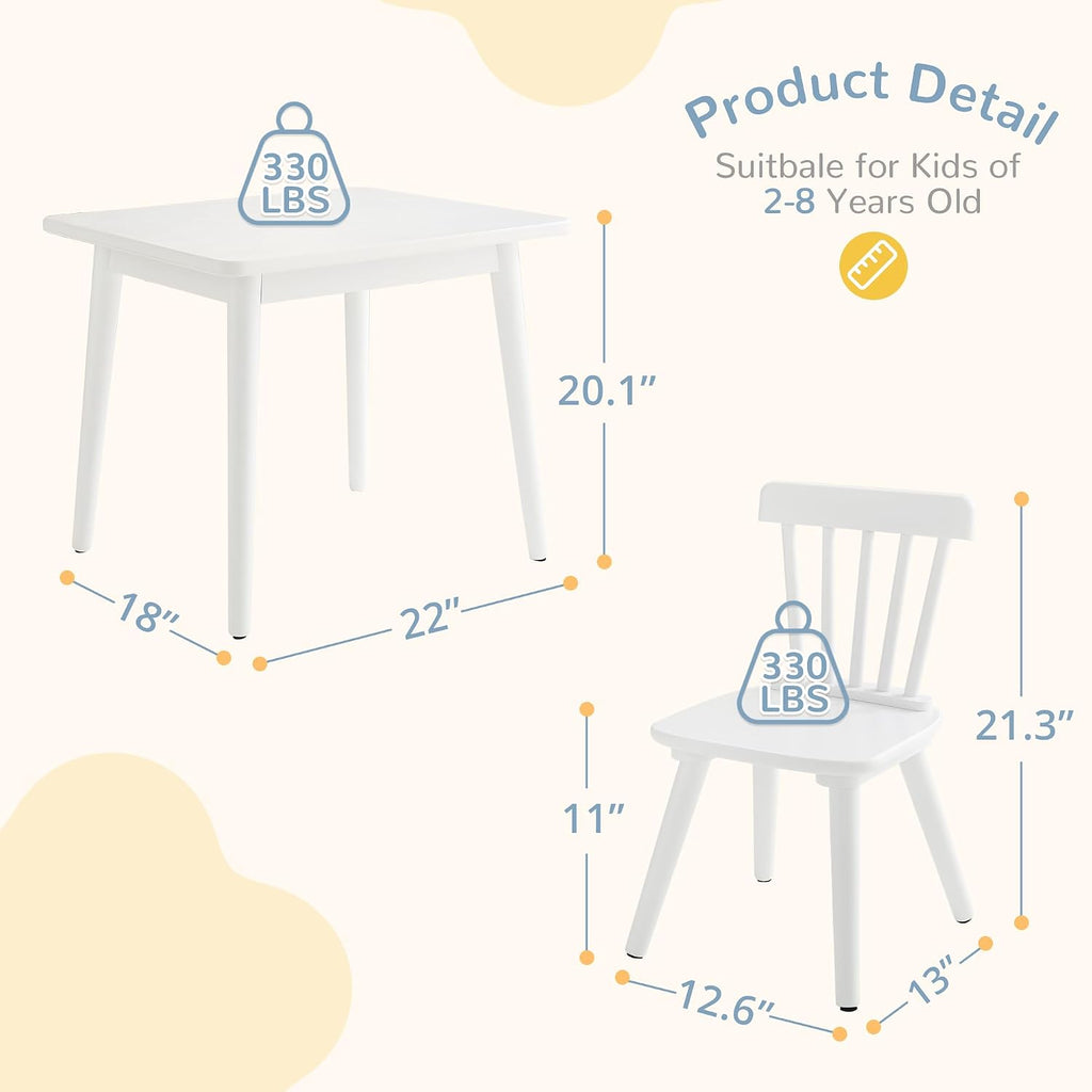 Curipeer Windsor Kids Table and 2 Chair Set, Rubberwood Toddler Table and Chair Set for Art, Play, Craft, Activity, with Non-Slip Legs Round Edge Design, White