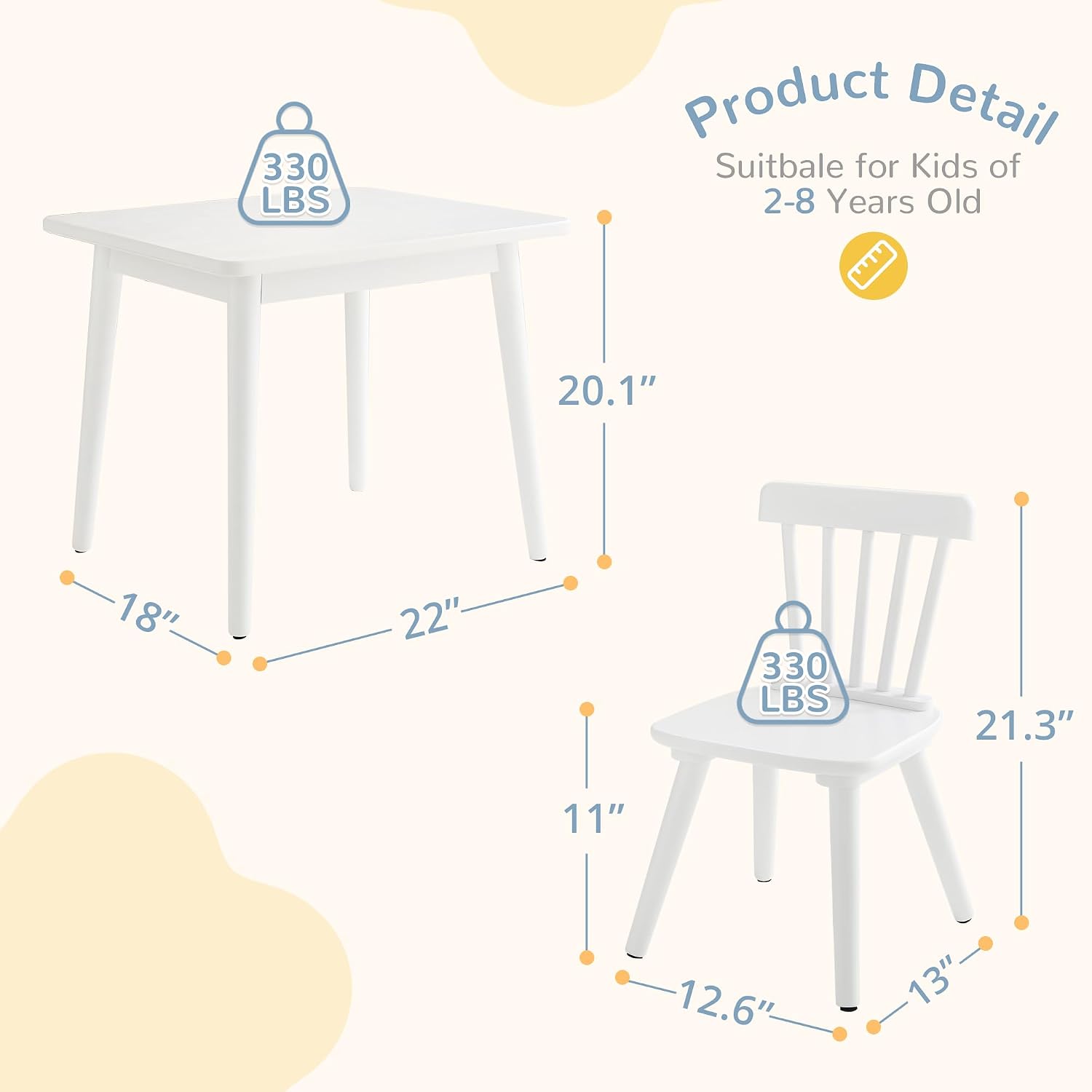 Curipeer Windsor Kids Table and 2 Chair Set, Rubberwood Toddler Table and Chair Set for Art, Play, Craft, Activity, with Non-Slip Legs Round Edge Design, White