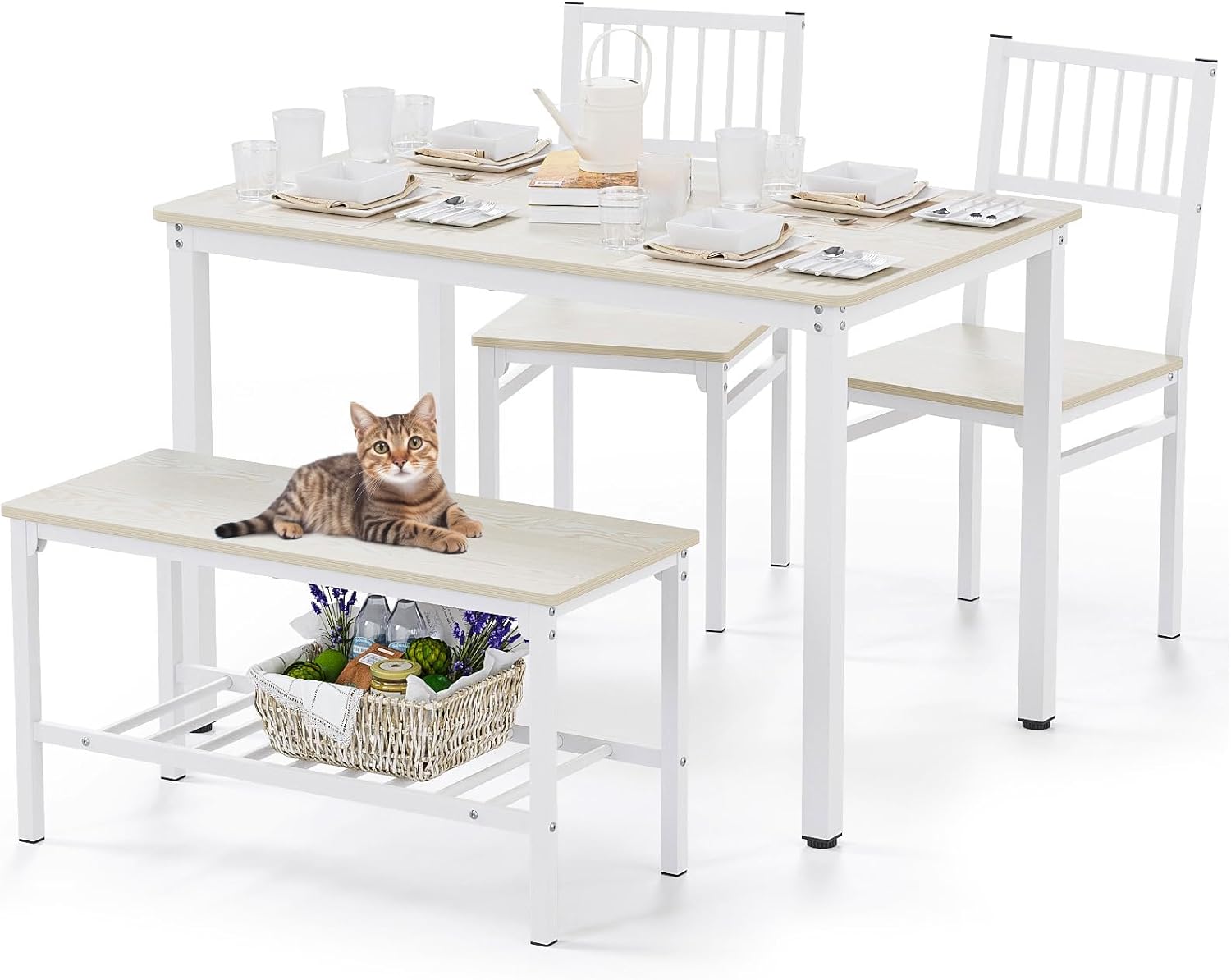 Teraves Dining Table Set/Computer Desk,Kitchen Table with 2 Chairs and a Bench,Table and Chairs 4 Piece Set for Dining Room (Beige, 110CM)