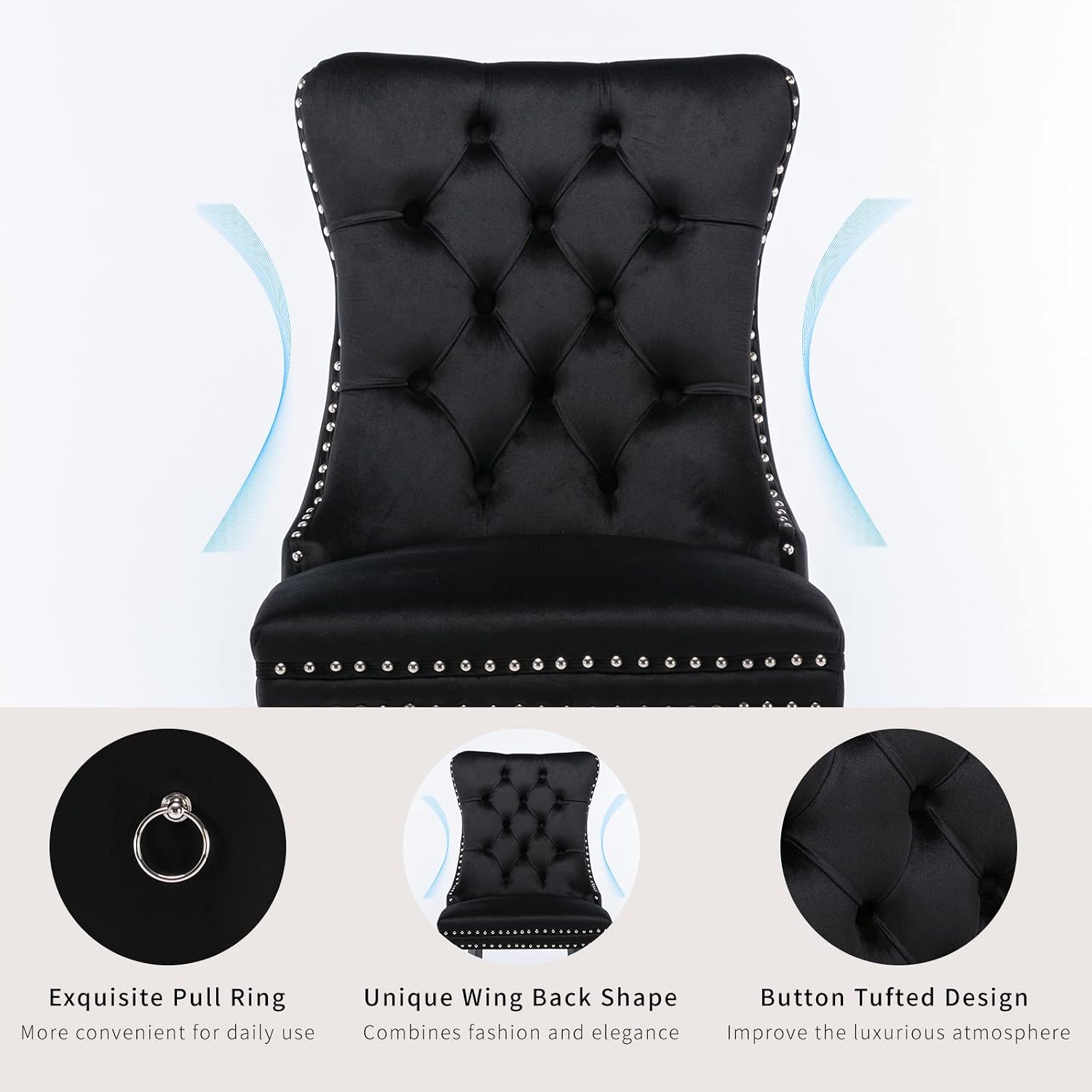 ODUSE-DAILY Black Velvet Dining Chairs Set of 4, Kitchen & Dining Room Chairs, Four Fabric Tufted Dinning Chairs, Velvet Upholstered, Wing Back, Metal Pull Ring, Wood Frame, Mid Century Modern