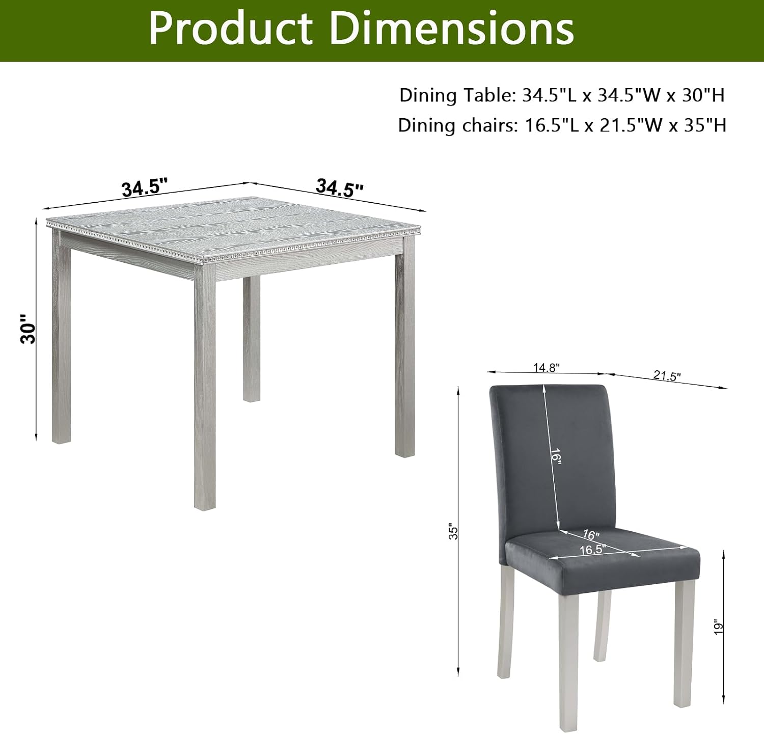 LUMISOL 5 Piece Wooden Dining Table Set, Farmhouse Kitchen Table Set with a Square Table and 4 Upholstered Chairs, Dining Room Table with Crystal Decoration and Chairs Set, Sliver Grey