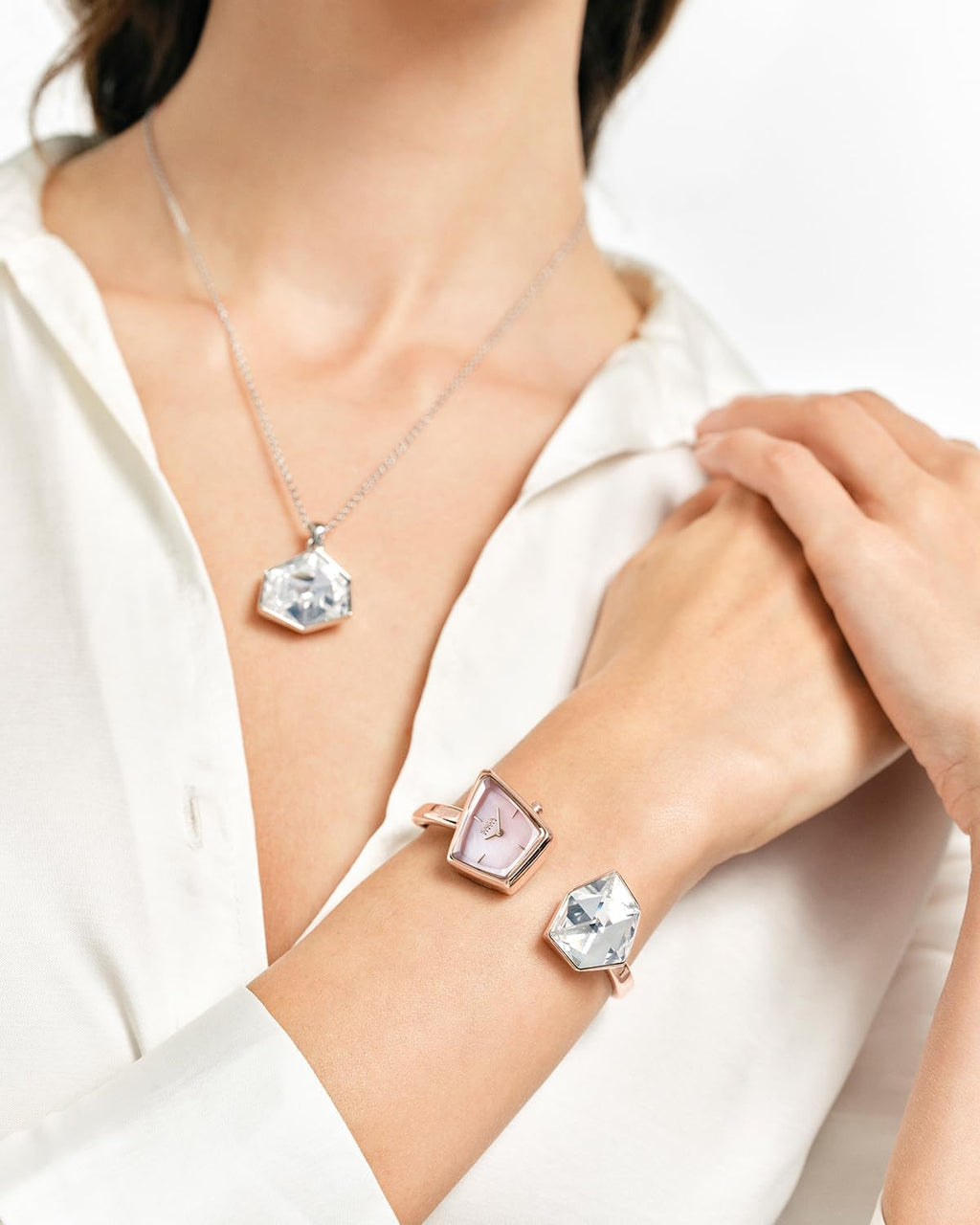 SAGA Illusion Women's Luxury Jewelry Bangle Watch, Mineral Case, 316L Stainless Steel Bracelet with Danube Crystals, Swiss Quartz Movement, 30M Water Resistant, Unique Gift for Her