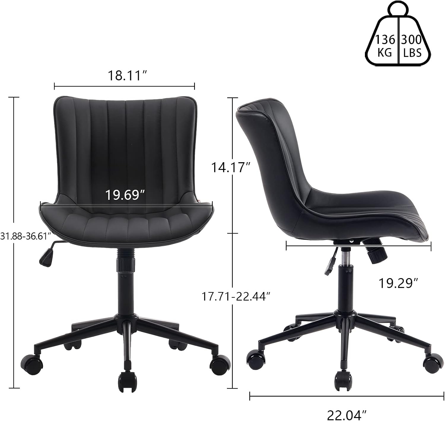 YOUNIKE Black Home Office Desk Chair with Wheels Comfy Armless Cute Vanity Chair with Adjustable Rocking Back Modern Leather Upholstered Rolling Swivel Small Task Drafting Sewing Chair Compact