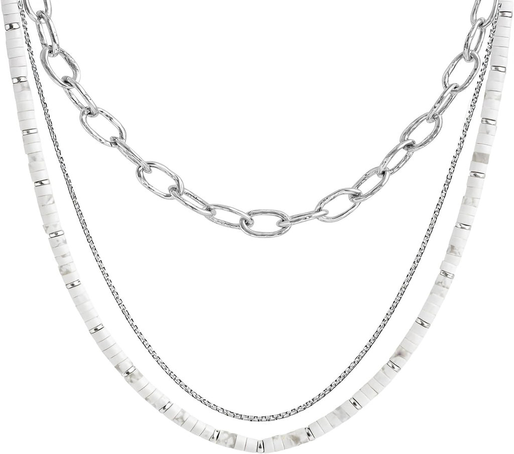 JEAN RACHEL JEWELRY Men's 3-Piece Necklace Layering Set - Hammered Link Chain, Box Chain & White Buffalo Turquoise Beads - Monochrome Bundle