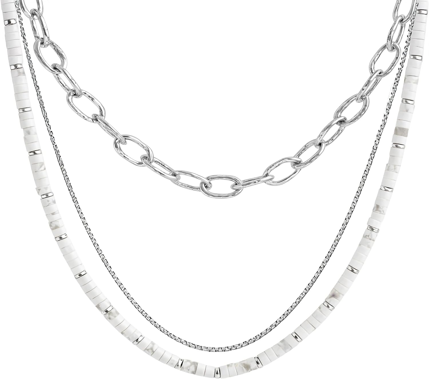 JEAN RACHEL JEWELRY Men's 3-Piece Necklace Layering Set - Hammered Link Chain, Box Chain & White Buffalo Turquoise Beads - Monochrome Bundle