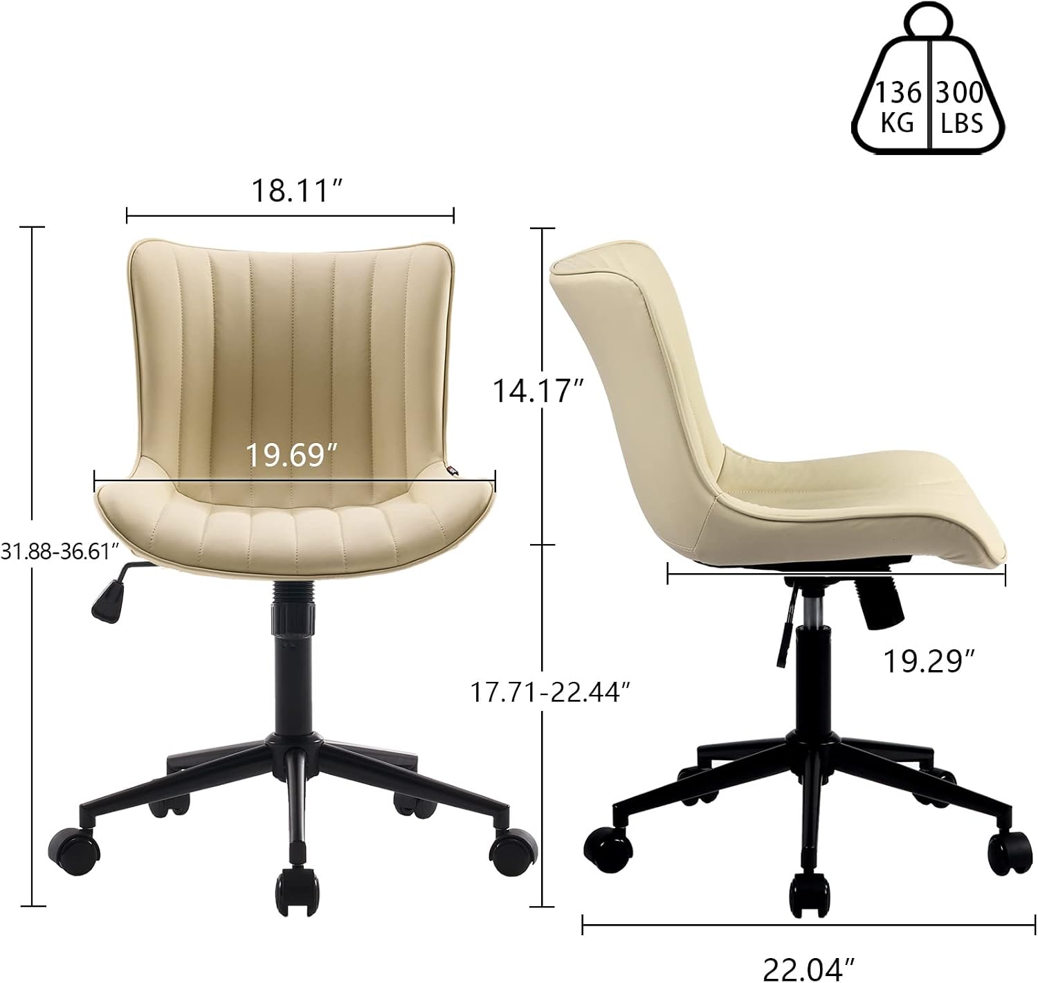 YOUNIKE Ergonomic Home Office Desk Chair with Wheels Comfy Armless Criss Cross Chair with Adjustable Back Modern Leather Upholstered Swivel Vanity Chair Small Cute Rolling Task Chair for Women Beige
