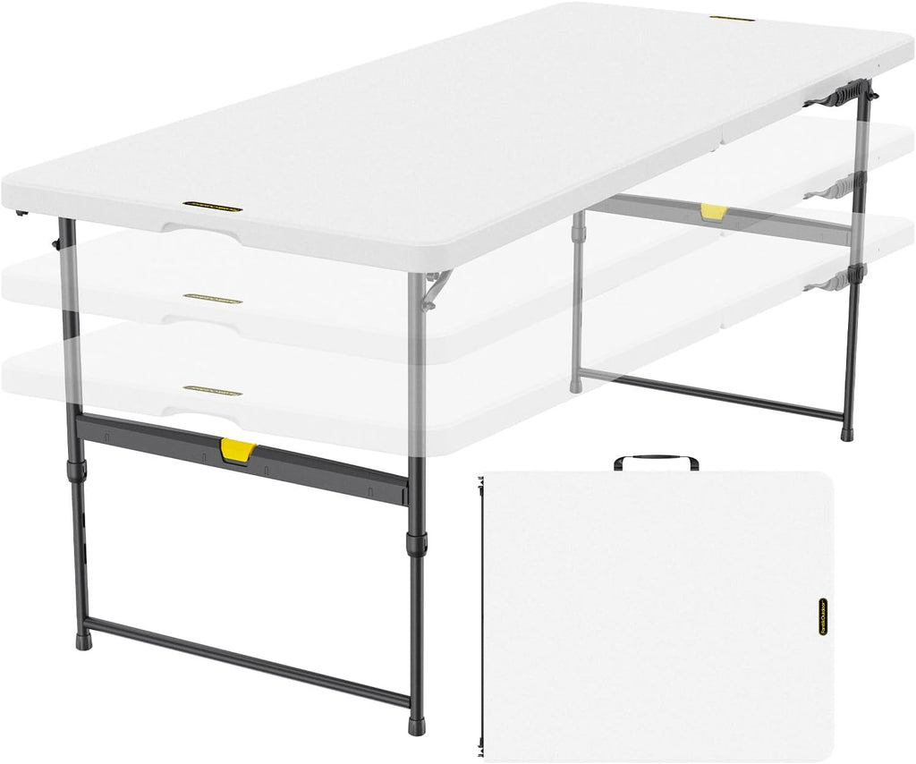 FanttikOutdoor 6ft Folding Table, 3 Heights, One-Handed Height Adjustment, Gravity Lock, Carry Handle, Indoor Outdoor Heavy Duty Fold-in-Half Portable Utility Table, Party, Granite White Zeta X6 Pro