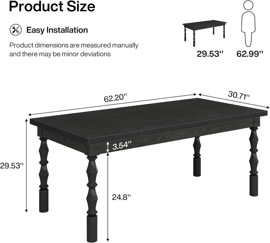 Tribesigns Wood Black Dining Table for 4-6 People, 62' Farmhouse Large Rectangle Kitchen Table, Modern Dinner Table Kitchen & Dining Room Furniture with Carved Turned Legs