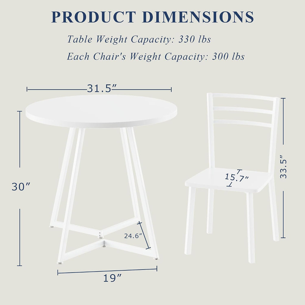 VECELO Small Round Dining Table Set for 2, Wood Tabletop with Strong Metal Frame, Modern Dinette with Chairs for Kitchen, Breakfast Nook Living Room, Pure White