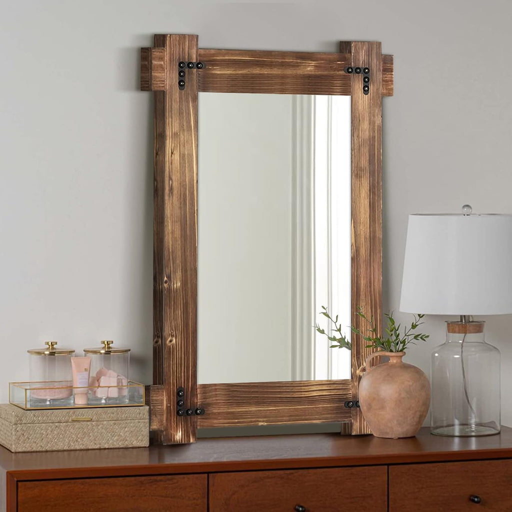 MeMoreCool 36x24 Farmhouse Rustic Wood Framed Bathroom Mirror, 24x36 Inch Wall Mounted Vanity Mirror for Bathroom Bedroom Entryway Living Room