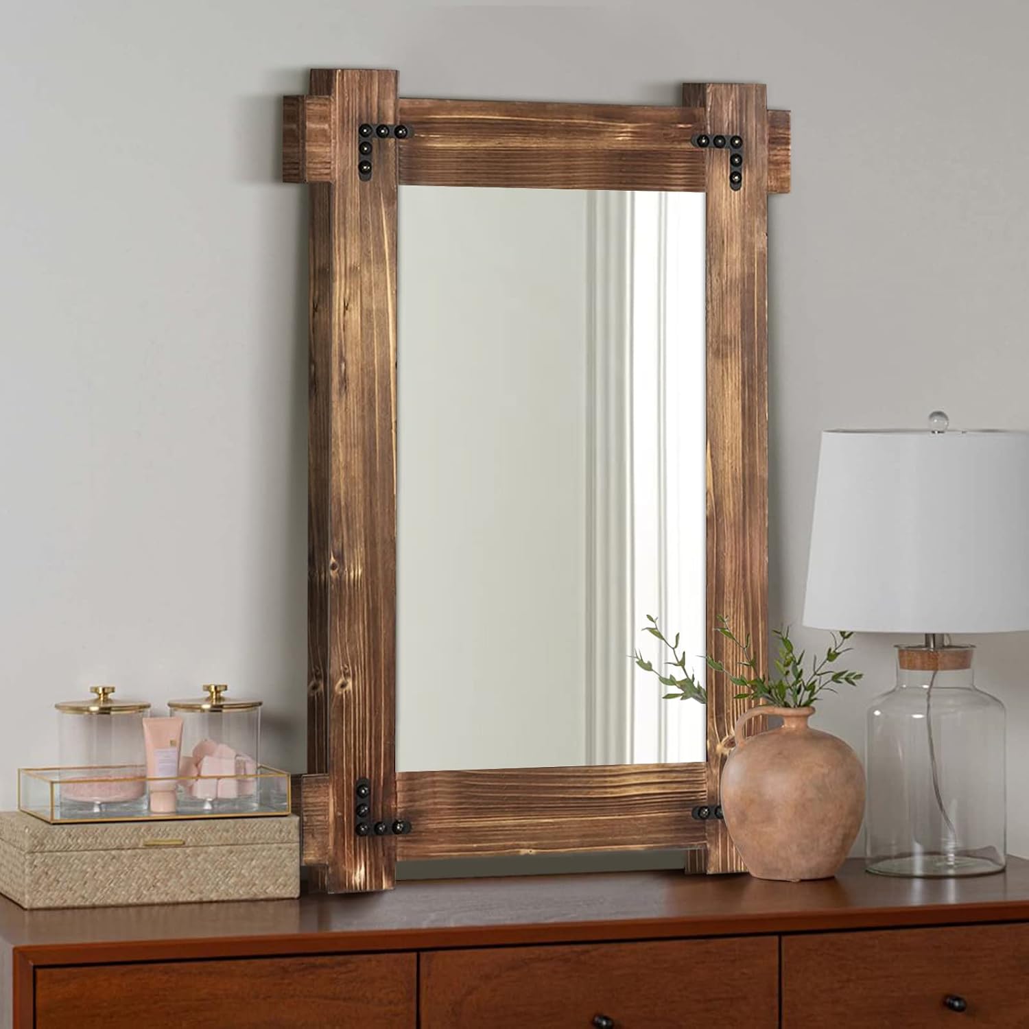MeMoreCool 36x24 Farmhouse Rustic Wood Framed Bathroom Mirror, 24x36 Inch Wall Mounted Vanity Mirror for Bathroom Bedroom Entryway Living Room