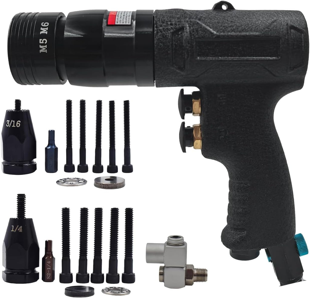 Air Rivet Nut Tool Kit, Pneumatic Pull Nut Setter with 1/4' 3/16' Mandrels for Sheet Metal Fastening Threaded Insert Installation