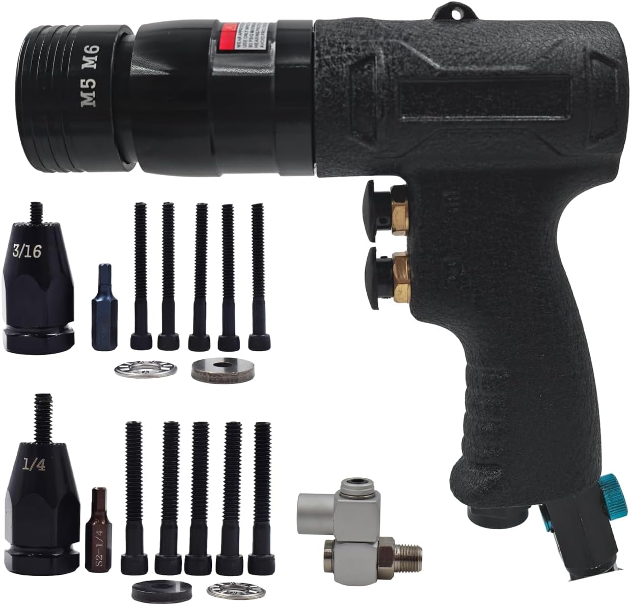 Air Rivet Nut Tool Kit, Pneumatic Pull Nut Setter with 1/4' 3/16' Mandrels for Sheet Metal Fastening Threaded Insert Installation