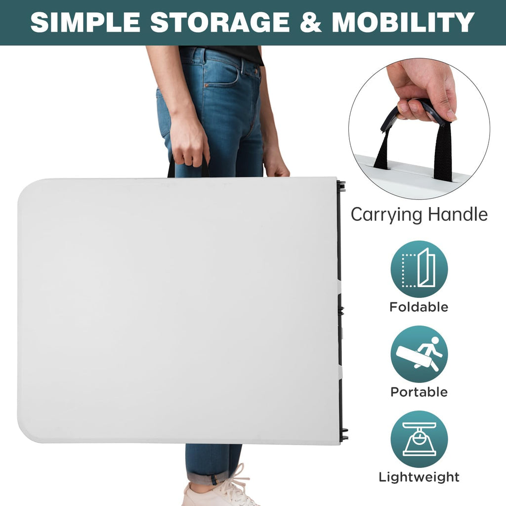 FDW 6 Foot Outdoor Dining Table, Foldable Portable Rectangular Plastic Folding Table with Built in Carrying Handle for Party and Wedding Use, White