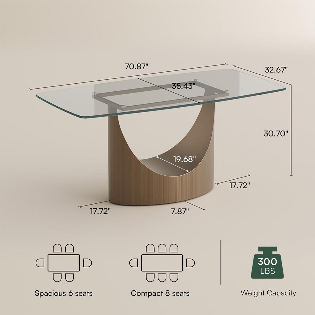 POVISON 71' Glass Dining Table for 6-8, Modern Rectangular Dining Table,Tempered Glass Table Top with U-Shaped Bronze Base,Ideal for Kitchens, Living Rooms(Table Only)