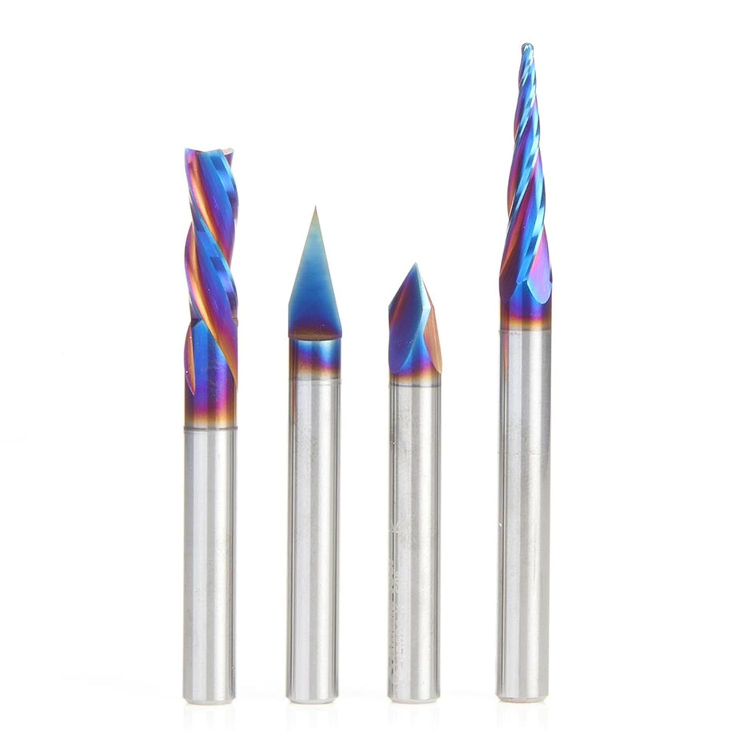 Amana Tool Spektra Coated Solid Carbide General Purpose CNC Spiral Plunge, V-Groove and Signmaking Router Bit Pack, AMS-270-K 4-Pc, 1/4 Inch Shank