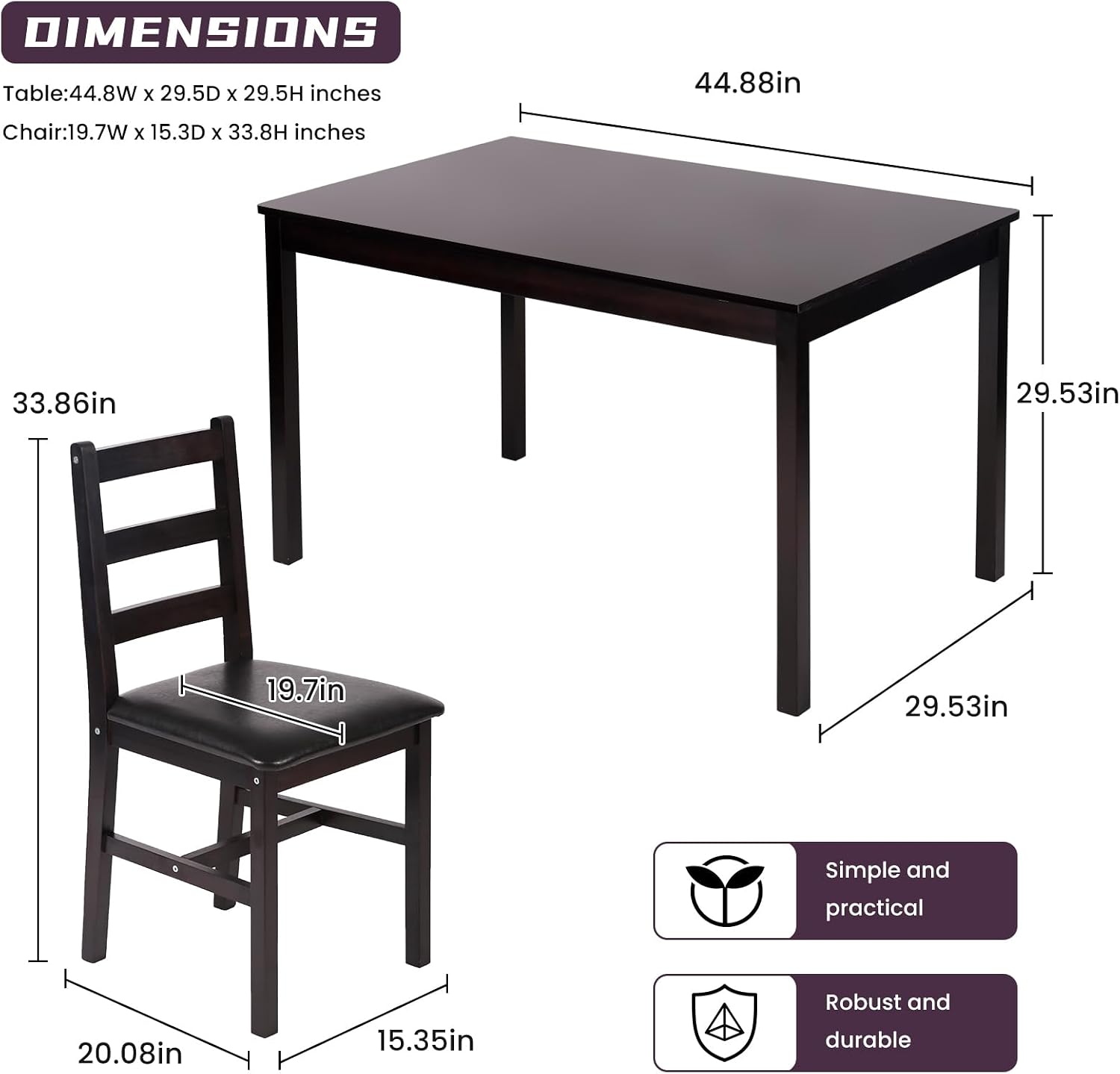 Small Dining Table Set for 4, Wooden Kitchen & Dining Room Sets 5 Piece Kitchen Table Set, Square Table and Chair Breakfast Table Set for Restaurant Home Kitchen Living Room, Dark Brown