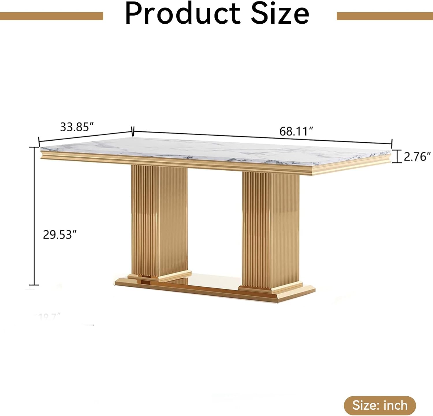 68' White Marble Dining Table for 6 to 8, Luxury Large Rectangular Faux Marble Tabletop & Gold Double Pedestal Base, Mid Century Modern Kitchen Dining Room Table for Dinner Family Gathering