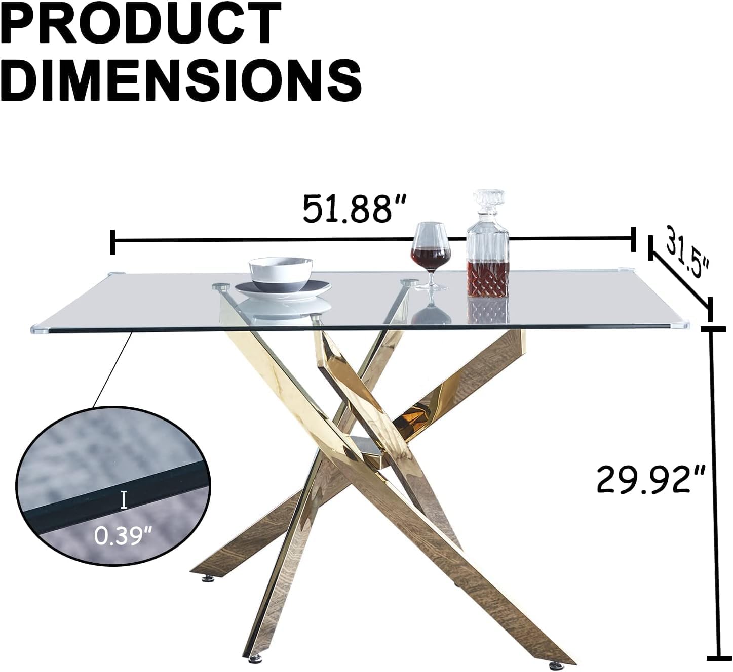 51' Glass Dining Table for 4, Contemporary Rectangular Dining Room Table with Tempered Glass Top & Golden Finish Stainless Steel Legs, Modern Kitchen Table for Home Office