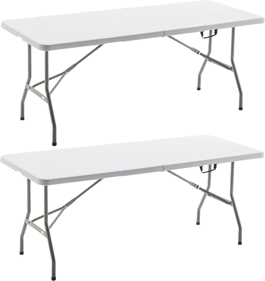 BTExpert Set of 2, Fold-in-Half Folding Utility Table 6 Feet 72'x 29.5' Lightweight Portable Carrying Handle Indoor Outdoor Picnic Camping Office Home Party Wedding Event Easy Clean Store Care White