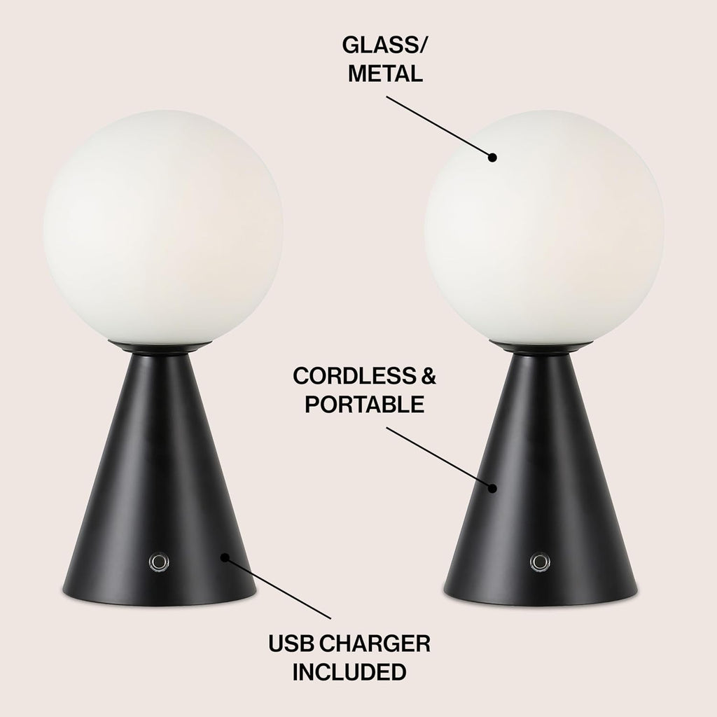 JONATHAN Y 11.75' Black Macie Modern Globe Cordless Table Lamp Set of 2, Rechargeable Dimmable Integrated LED Touch Sensor Bedside Lamp, White Frosted Glass Shade (JYL7159B-SET2)