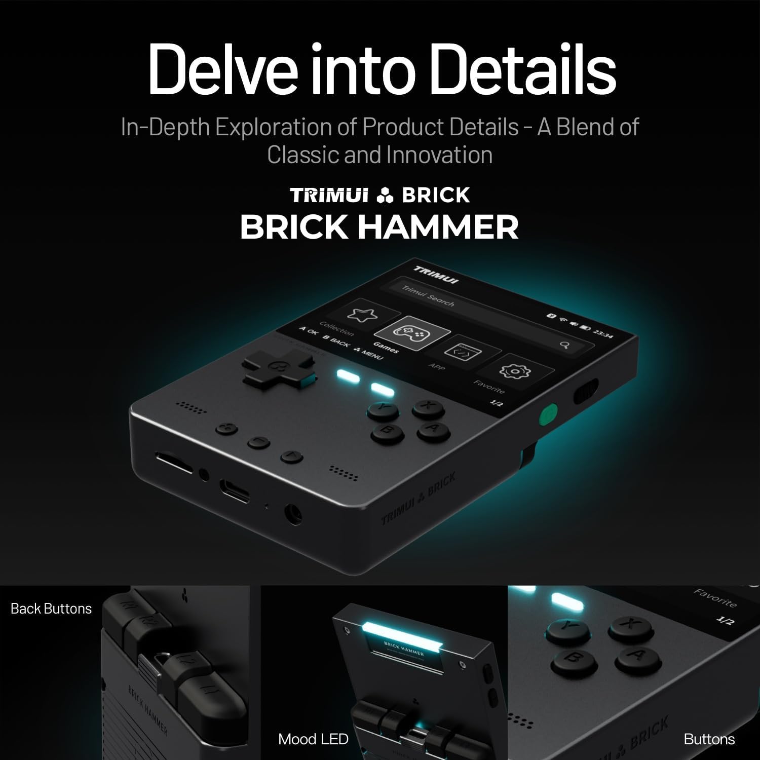 TRIMUI Brick Hammer Retro Handheld Game Console – Metal CNC Aluminum Alloy Body, 3.2' IPS Screen, 8GB Storage, Expandable to 1TB, Built-in 3000mAh Battery