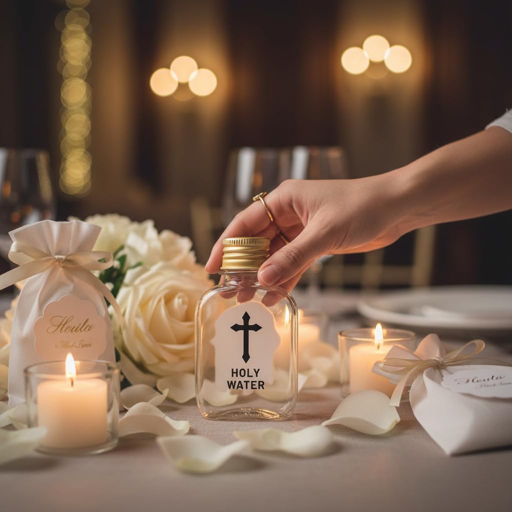 Personalized 100ml (3.4 oz) Holy Water Bottles (Empty) - TSA Travel Size Plastic Flask with Gold/Silver Cap - Custom Labels - First Holy Communion Keepsakes & Confirmation Gifts (60)