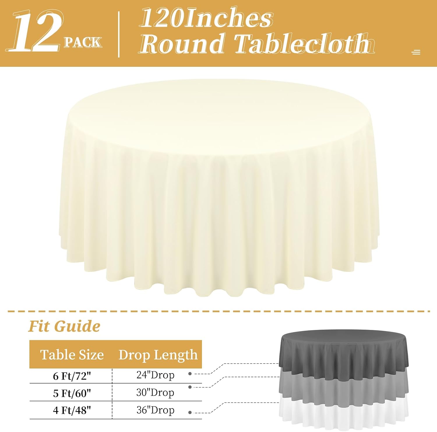12 Pack Round Tablecloths - 120 Inch, Beige Polyester Table Cover for Round Table, Stain and Wrinkle Resistant Washable Fabric, Wedding Banquet Parties