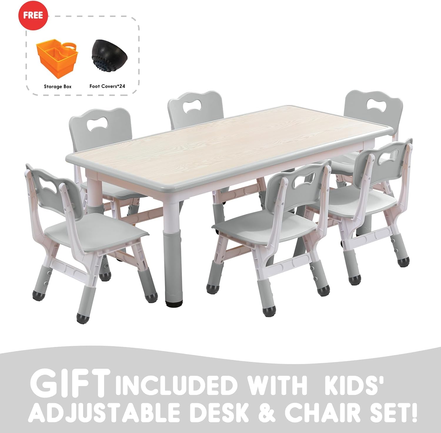 Kids Table and Chairs Set, Height Adjustable Desk With 6 Seats for Ages 2-12,Arts & Crafts Table,Graffiti Desktop, Non-Slip Legs, Max 300lbs, Children Multi-Activity Table for Classrooms,Daycares,Home