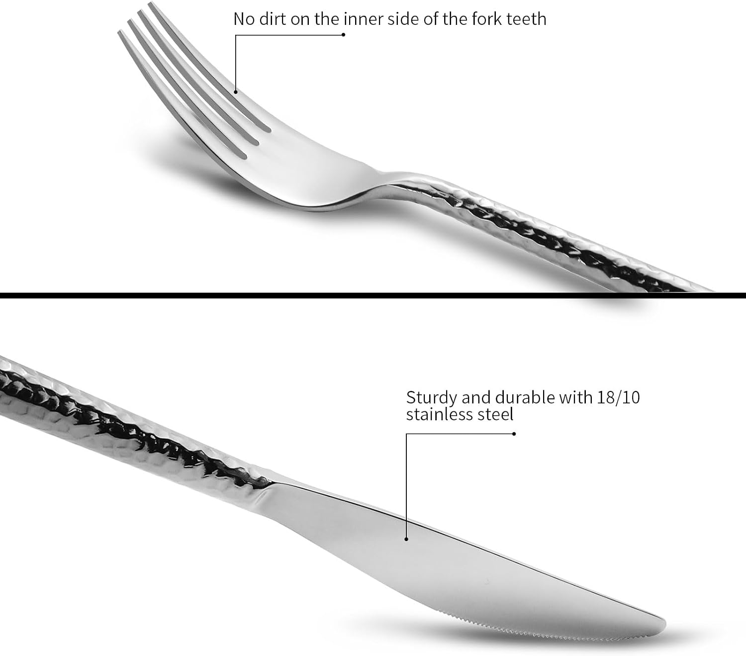 18/10 Stainless Steel Flatware Set Hand Forged Silverware Serving Set Cutlery Set Round Hammered Handle Mirror Finished Heavy Duty 45 Pieces Service for 8