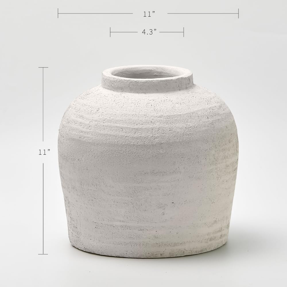 LB2 White Ceramic Large Vase, 11' Tall Zen Style, Terra Cotta Pitcher, Distressed Farmhouse Decor, Pottery Decorative Flower for Home Decor (B - White 11')