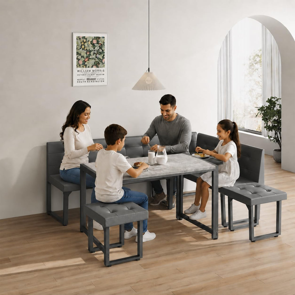XIAO WEI Corner Dining Table Set for Small Spaces, 70 Inch Breakfast Nook with Storage Banquette, 5 Piece Dining Set with Upholstered Bench, Modern Grey