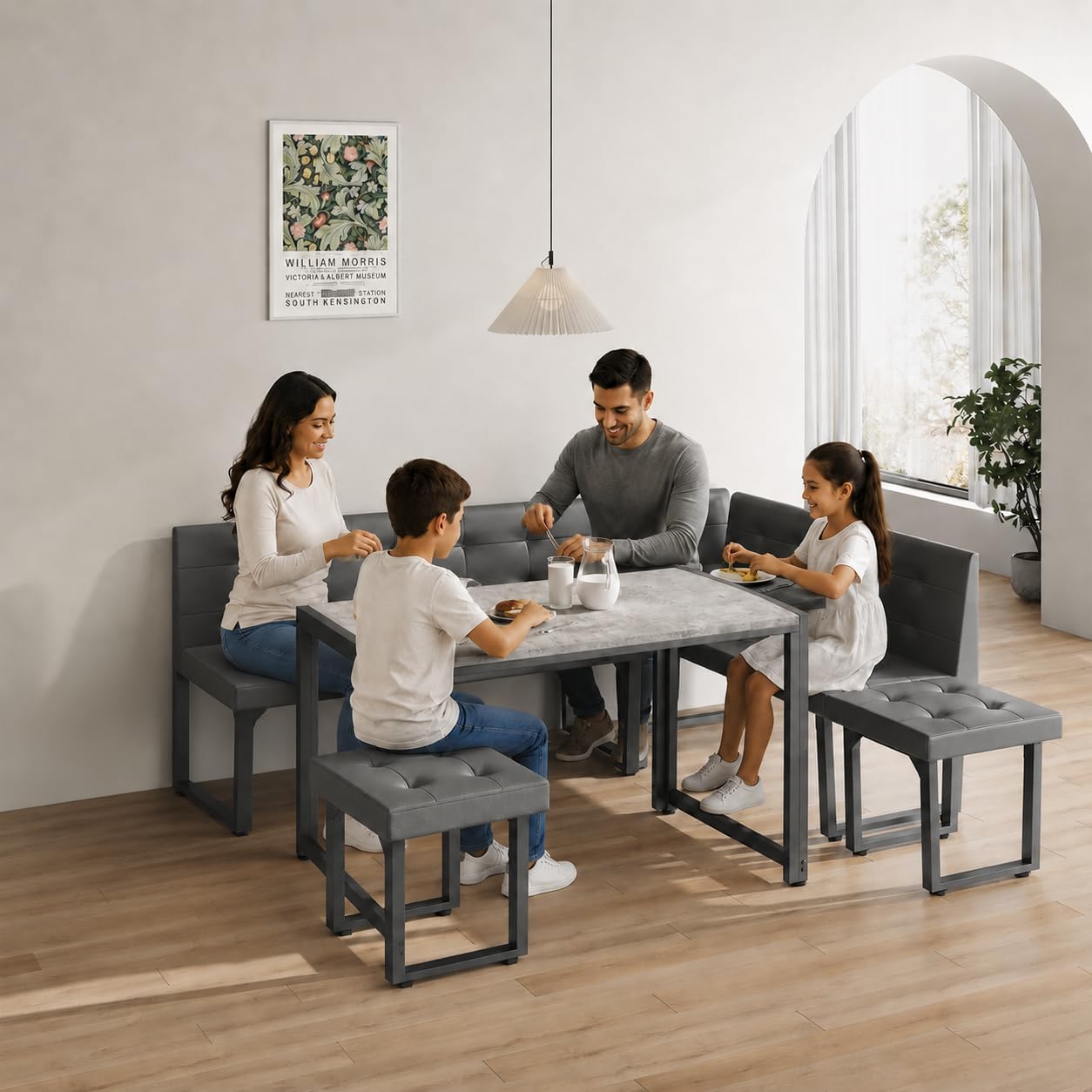 XIAO WEI Corner Dining Table Set for Small Spaces, 70 Inch Breakfast Nook with Storage Banquette, 5 Piece Dining Set with Upholstered Bench, Modern Grey
