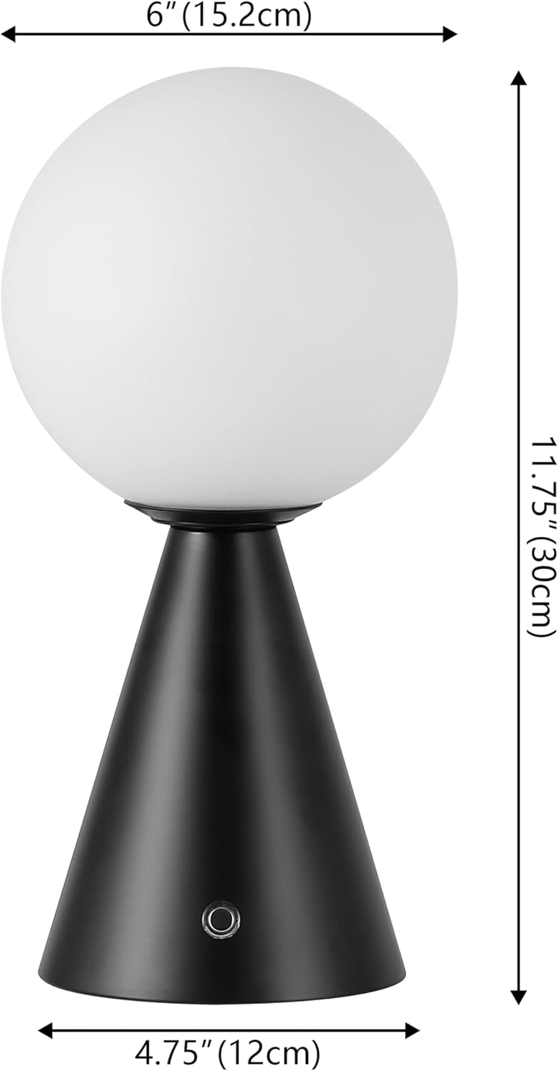 JONATHAN Y 11.75' Black Macie Modern Globe Cordless Table Lamp Set of 2, Rechargeable Dimmable Integrated LED Touch Sensor Bedside Lamp, White Frosted Glass Shade (JYL7159B-SET2)